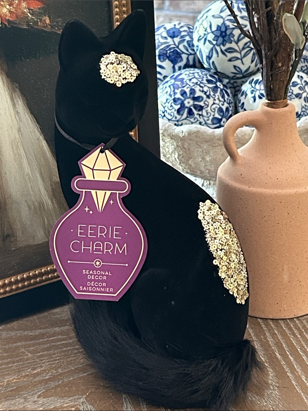 NEW! Vintage Inspired Halloween Black Velvet Witch Cat with Gold Sequin Accents